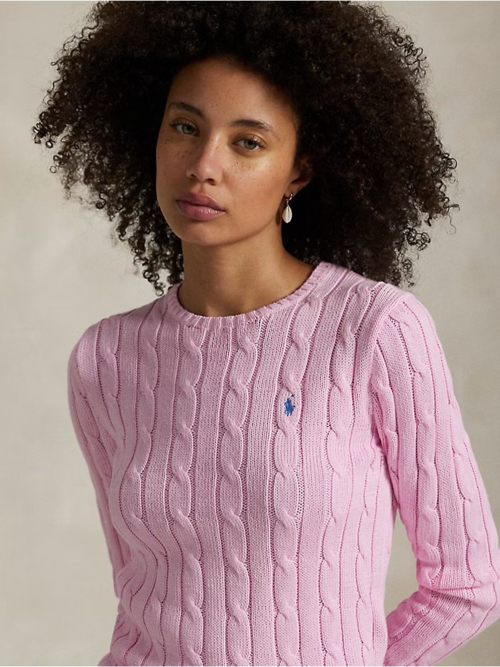 Ralph Lauren Light Pink Cable-Knit Crewneck Sweater with Polo Logo